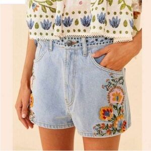 Farm Rio Summer Garden Embroidered Denim Shorts